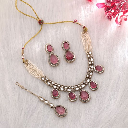 Elegant Magenta Color Kundan Necklace Set For Women Festive Party Collection