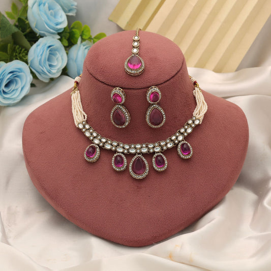 Graceful Rani Color Kundan Necklace Set With Elegant Ethnic Bridal Design