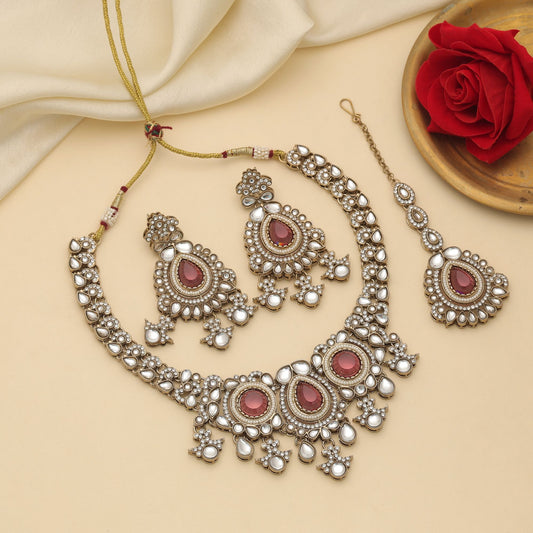 Stylish Magenta Color Kundan Necklace Set With Traditional Elegant Bridal Finish