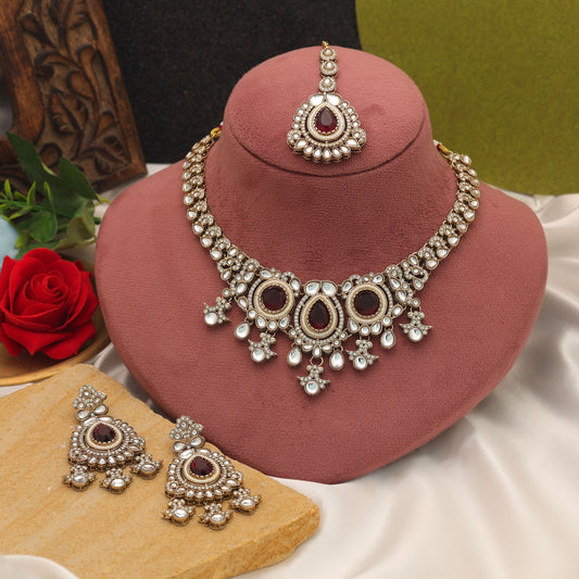Graceful Maroon Color Kundan Necklace Set For Women Ethnic Party Collection