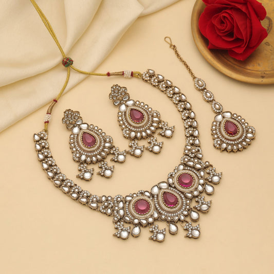 Royal Rani Color Kundan Necklace Set With Traditional Wedding Collection Design