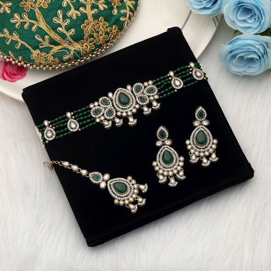 Elegant Green Color Choker Kundan Necklace Set With Festive Bridal Finish