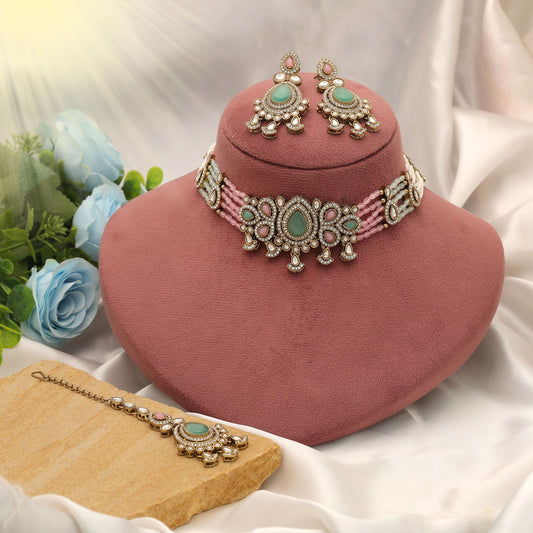 Stylish Light Green & Pink Color Choker Kundan Necklace Set Collection