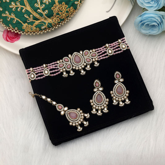Charming Light Pink Color Choker Kundan Necklace Set For Bridal Wear
