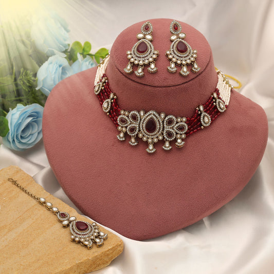Elegant Maroon Color Choker Kundan Necklace Set With Traditional Bridal Artwork