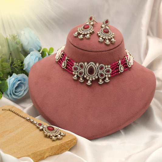 Designer Rani Color Choker Kundan Necklace Set For Wedding Party Collection