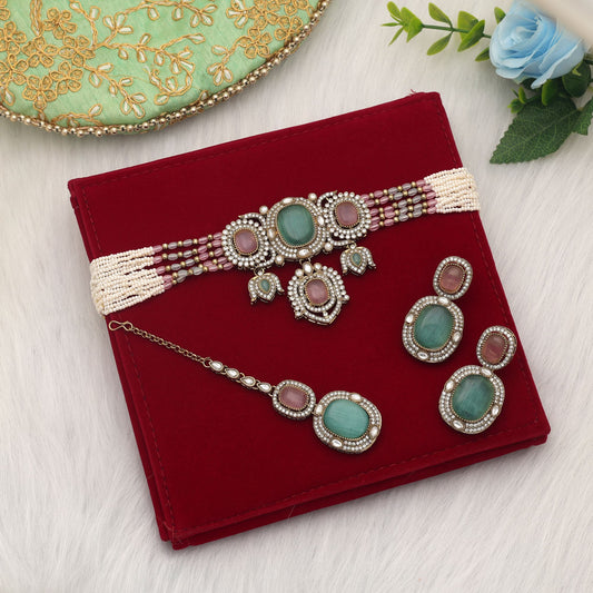 Designer Pista Green & Pink Color Choker Kundan Necklace Set Collection