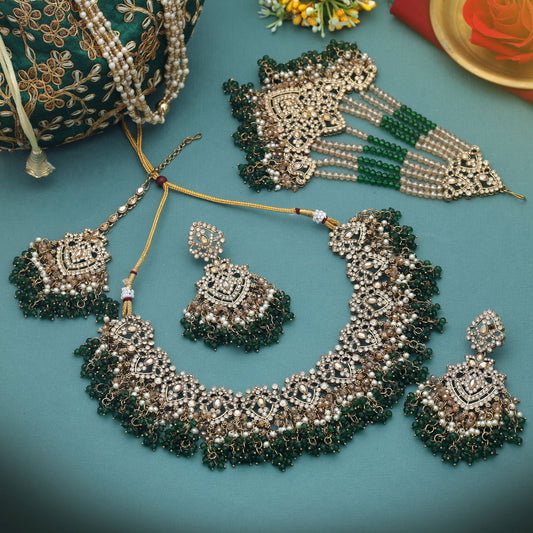 Beautiful Green Color Kundan Necklace Set For Women Party Wear Collection