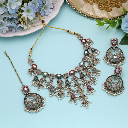 Stylish Multi Color Kundan Necklace Set For Festive Ethnic Party Wear Collection