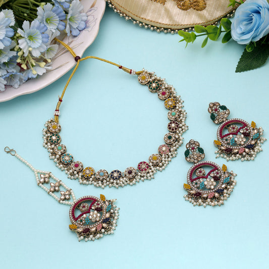 Graceful Multi Color Kundan Necklace Set For Women Festive Occasion Styling