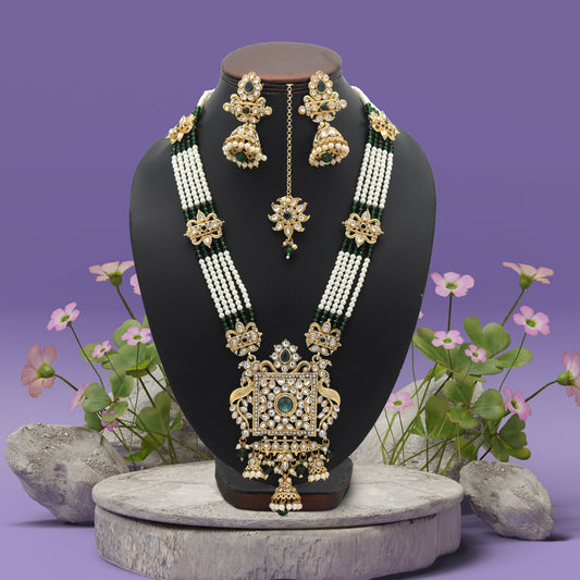 Elegant Green Color Long Kundan Necklace Set With Royal Ethnic Touch
