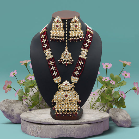 Attractive Maroon Color Long Kundan Necklace Set With Ethnic Royal Finish
