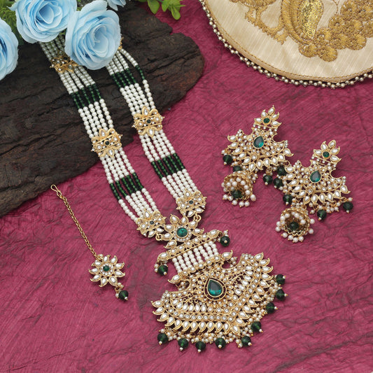 Stylish Green Color Long Kundan Necklace Set For Women Ethnic Fashion
