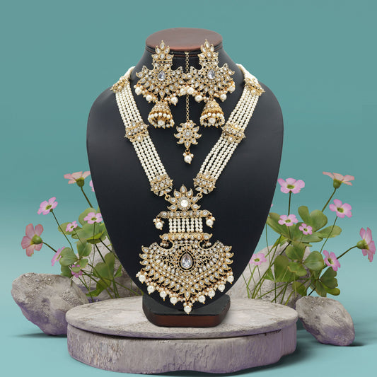 Charming White Color Long Kundan Necklace Set With Bridal Traditional Elegance