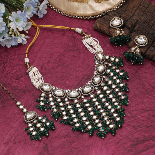 Stylish Green Color Kundan Necklace Set For Women Traditional Fashion Styling