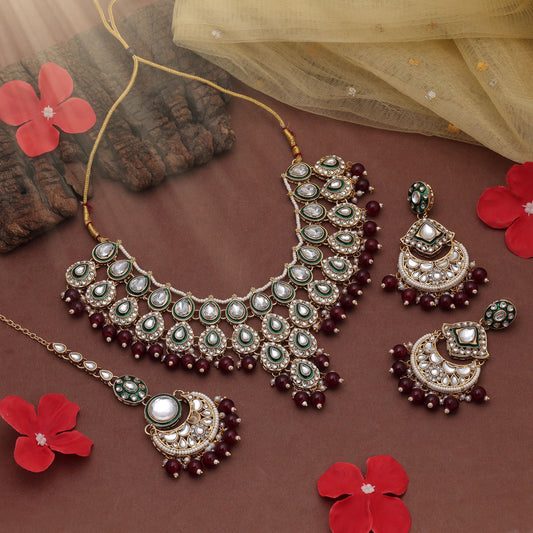 Premium Maroon Color Kundan Necklace Set For Wedding Party Wear Styling