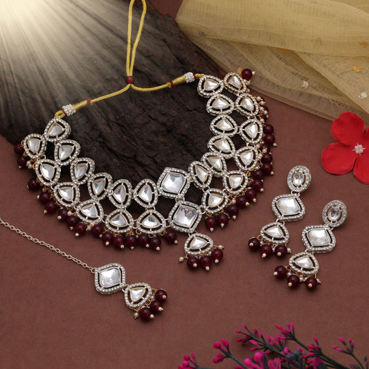 Beautiful Maroon Color Kundan Necklace Set For Women Festive Occasions