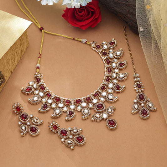 Stunning Red Color Kundan Necklace Set With Festive Jewellery Rani Haar Look