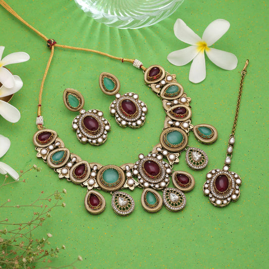 Maroon & Light Green Color Kundan Jewellery Set with Royal Traditional Appeal
