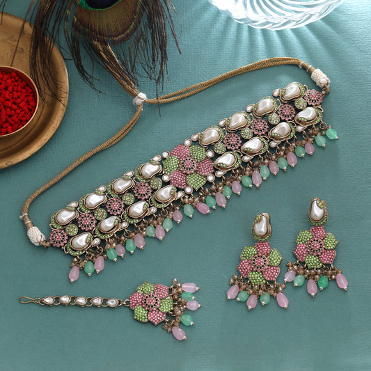 Pastel Light Green Light Pink Color Turkish Kundan Necklace Set For Spring Functions