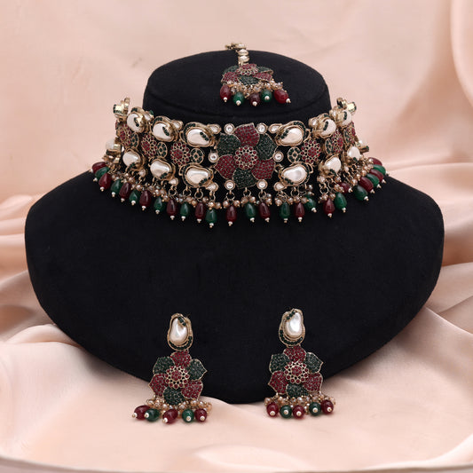Traditional Maroon Green Color Turkish Kundan Necklace Set For Ethnic Celebration Wear