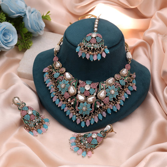 Lovely Pastel Light Pink Rama Green Color Turkish Kundan Necklace Set For Events
