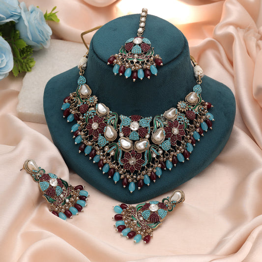 Ornate Indian Maroon Rama Green Color Turkish Kundan Necklace Set For Celebrations