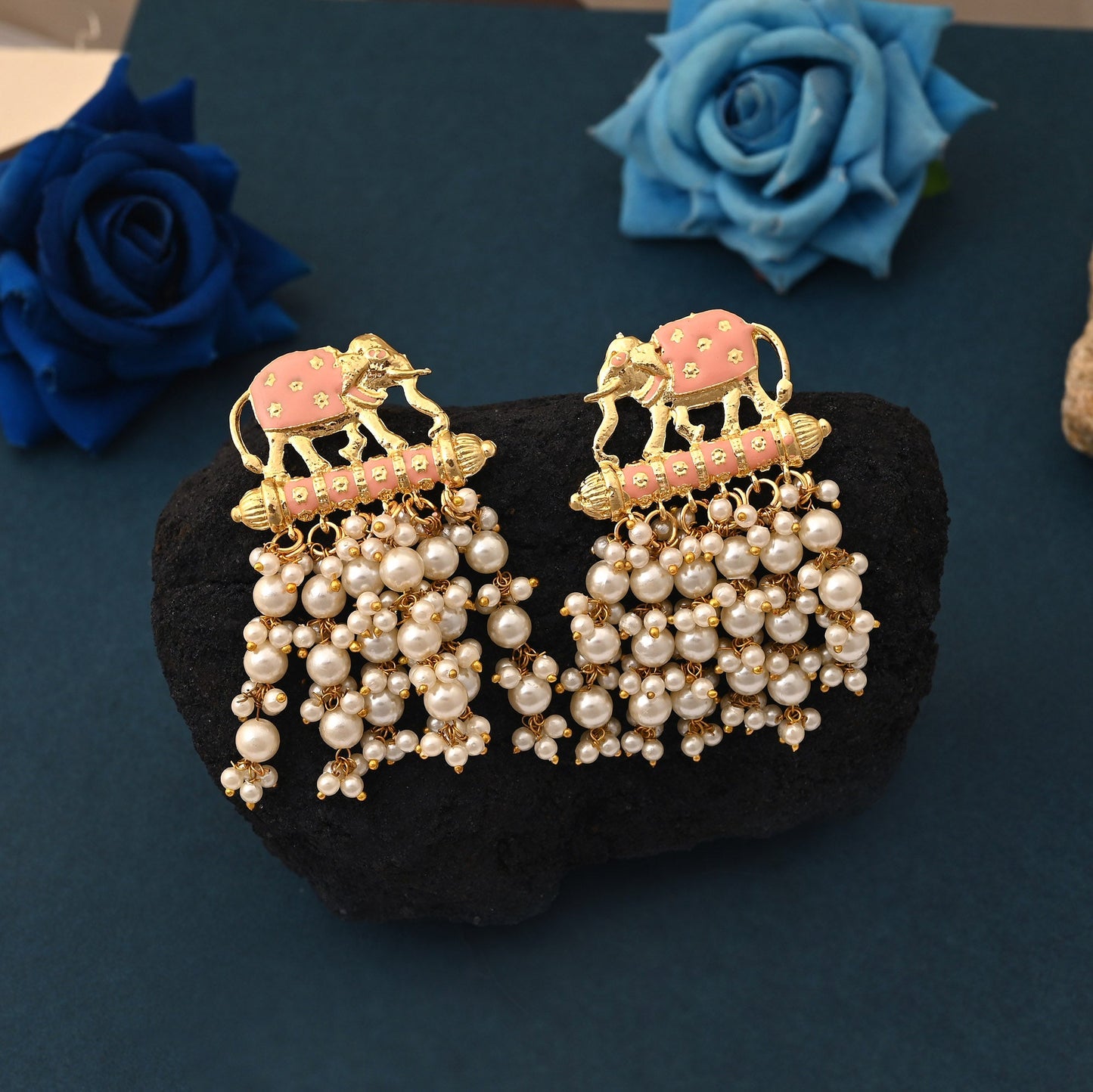 Gorgeous Peach Color Elephant Design Meenakari Earrings With Exquisite Indian Handmade Craftsmanship