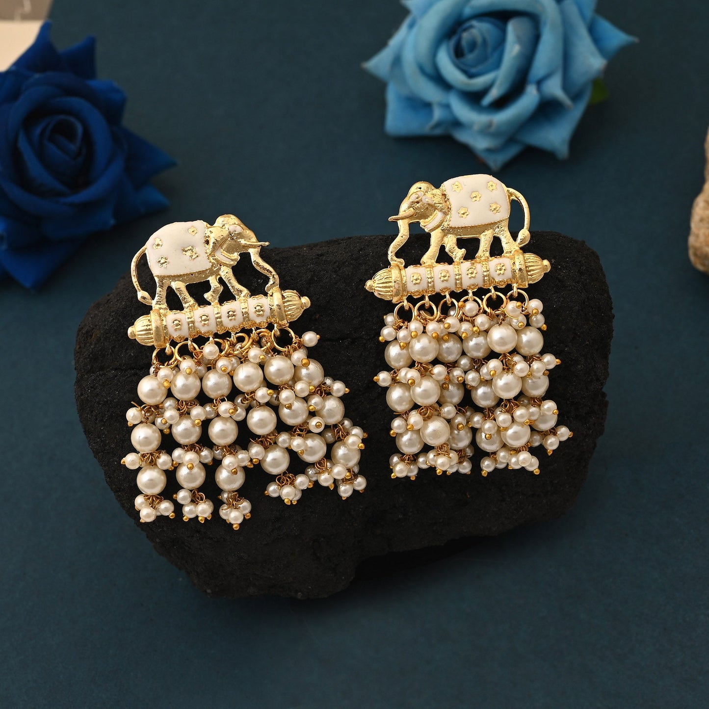 Elegant White Color Elephant Design Meenakari Earrings With Traditional Handcrafted Detailing