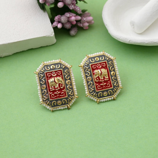 Elegant Grey Color Elephant Design Meenakari Earrings Designed For Festive Fashion Jewelry