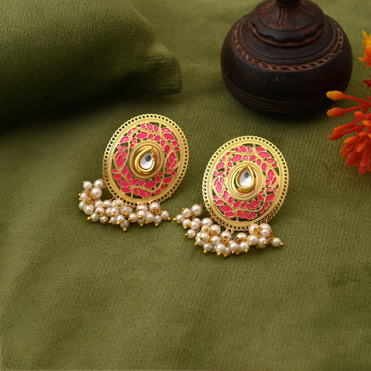 Elegant Rani Color Meenakari Earrings Perfect For Bridal Functions And Traditional Outfits