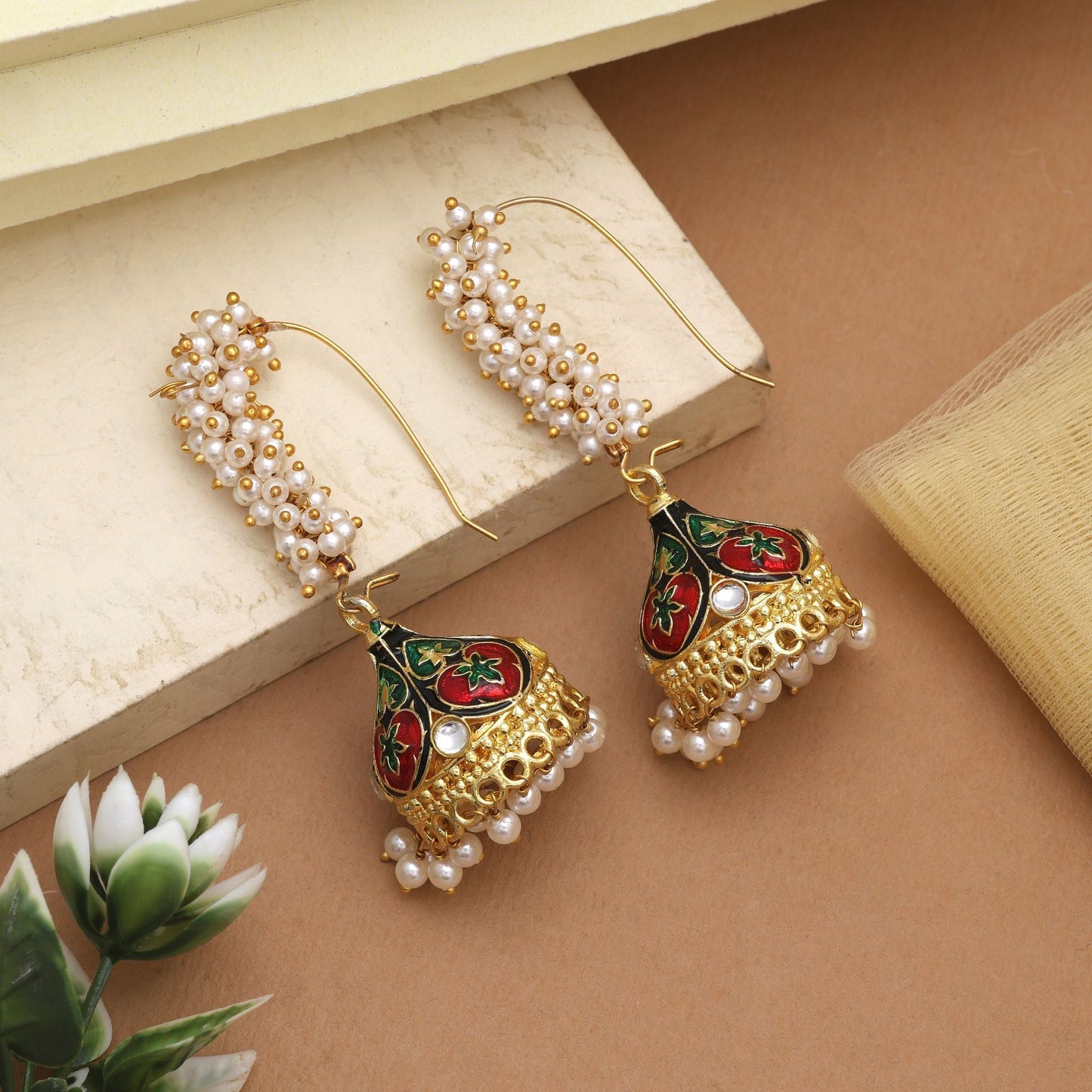 Royal Maroon & Green Color Meenakari Earrings With Stone Detailing For Ethnic Wear