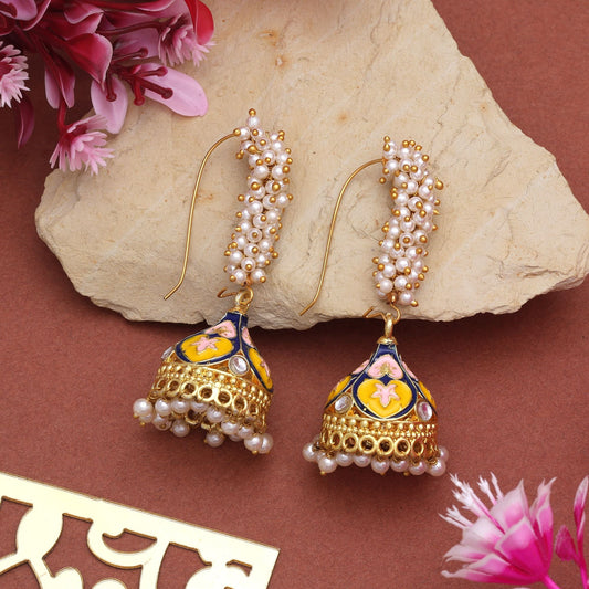 Beautiful Yellow & Blue Color Meenakari Earrings With Floral Work For Festive Occasions