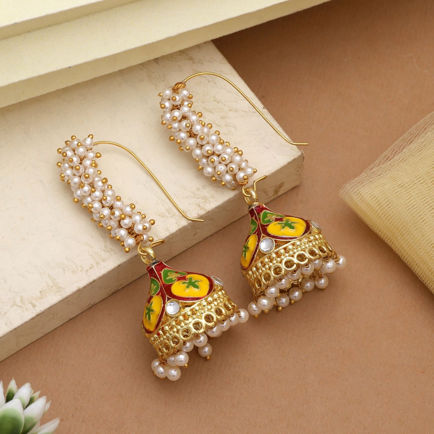 Stylish Yellow & Maroon Color Meenakari Earrings With Gold Plated Finish For Weddings