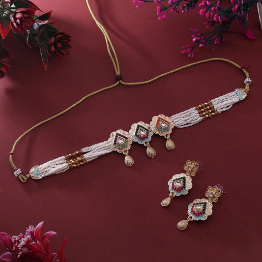 Beautiful Assorted Color Choker Meenakari Necklace Set With Matching Earrings For Wedding And Party Looks