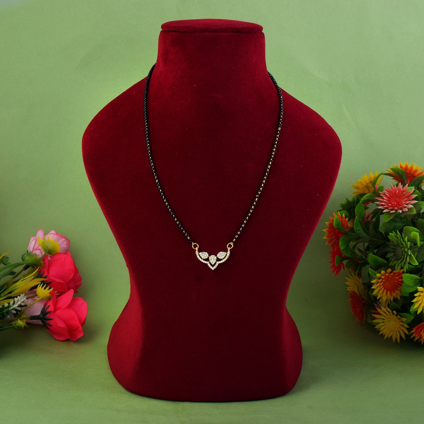 Gold Color American Diamond Mangalsutra With Center Heart Pendant Design