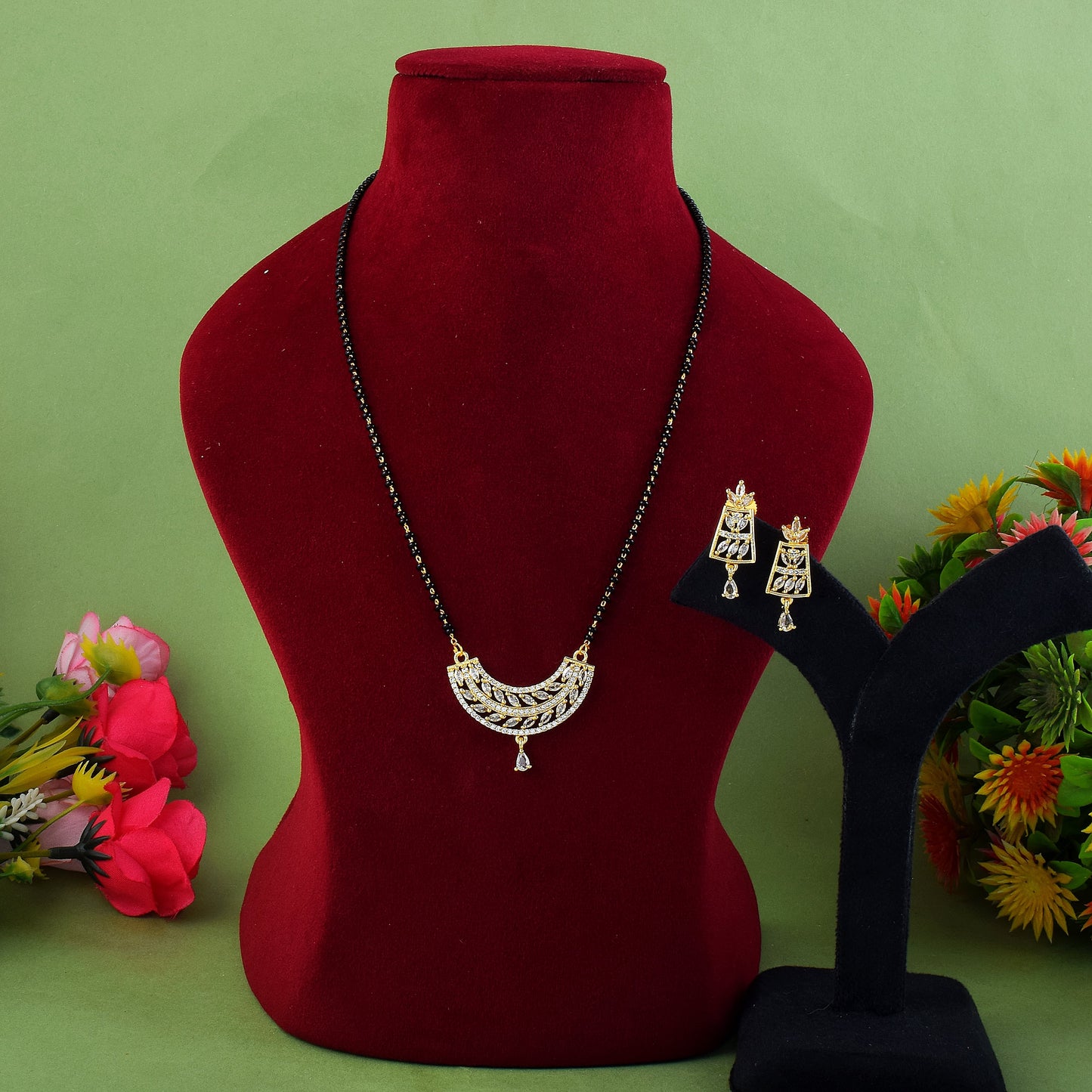 Gold Color American Diamond Mangalsutra With Chain Link And Stone Design