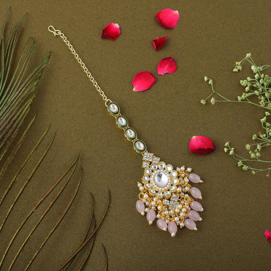 Beautiful Pink Color Kundan Maang Tikka Perfect for Traditional Wedding and Festive Styling