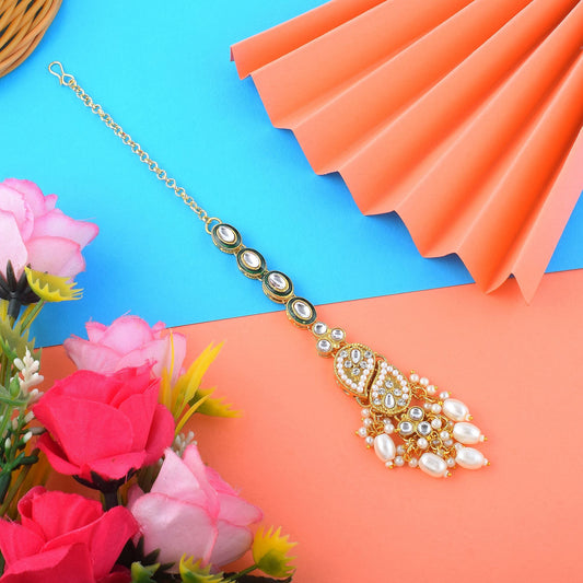 Gorgeous White Color Kundan Maang Tikka Crafted with Elegant Indian Handmade Jewelry Design