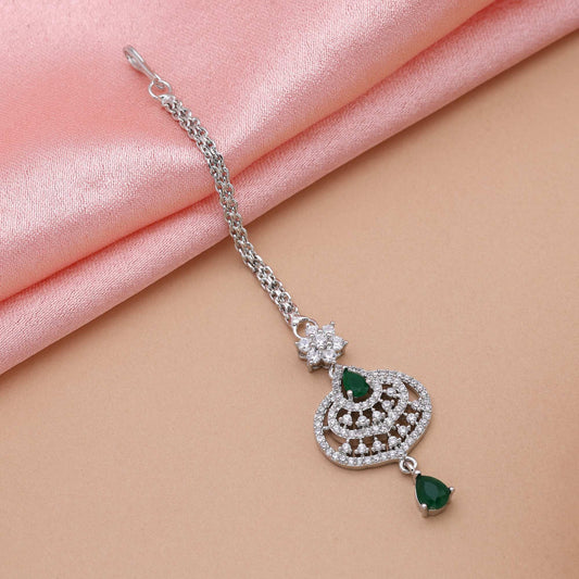 Green Color Elegant Round Cut American Diamond Maang Tikka For Wedding And Functions