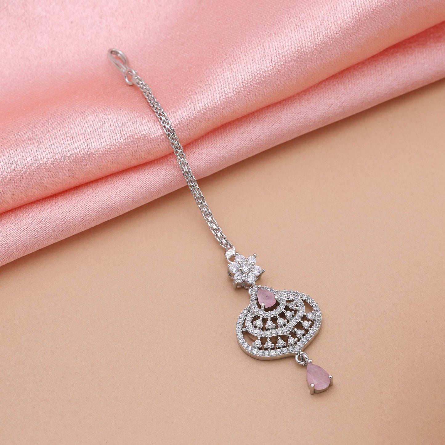 Pink Color Gorgeous Designer American Diamond Maang Tikka For Bridesmaids And Celebrations