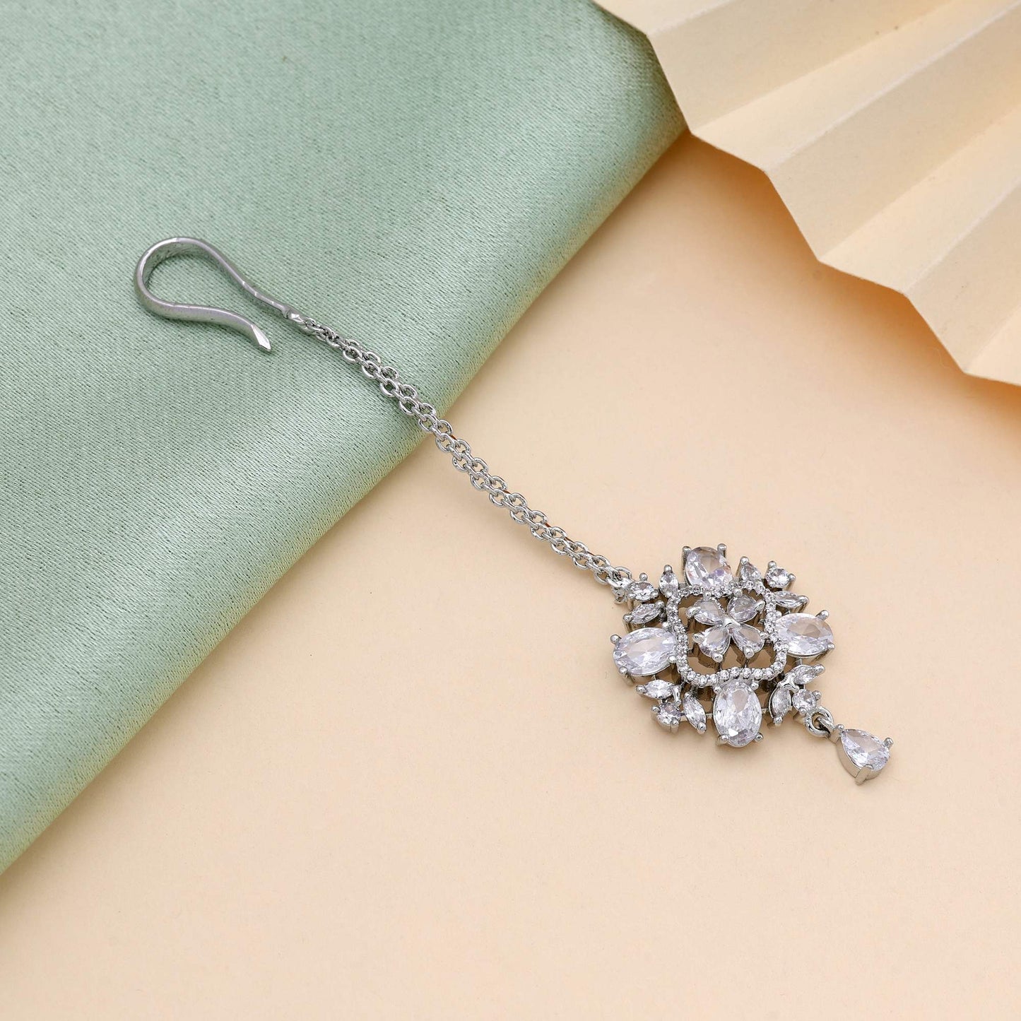 Silver Color Gorgeous Stone Work American Diamond Maang Tikka For Wedding Functions