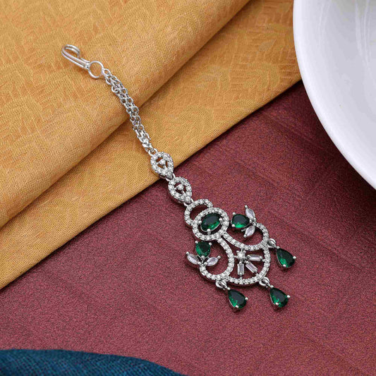 Green Color Radiant Shine American Diamond Maang Tikka For Bridal And Traditional Look
