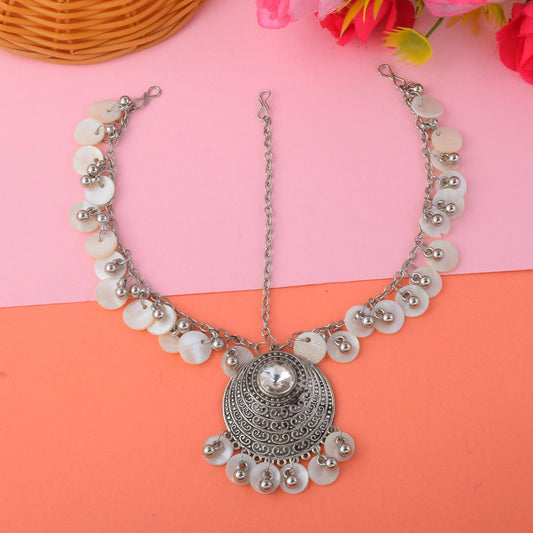 Handcrafted Silver Color Oxidised Matha Patti With Temple Inspired Detailing