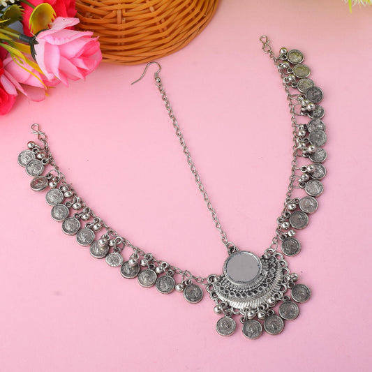 Elegant Silver Color Oxidised Matha Patti With Chain And Bead Accents
