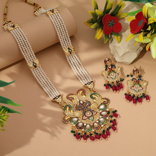 Exquisite Maroon & Green Color Rajputi Jewellery Rani Haar With Antique Royal Wedding Style