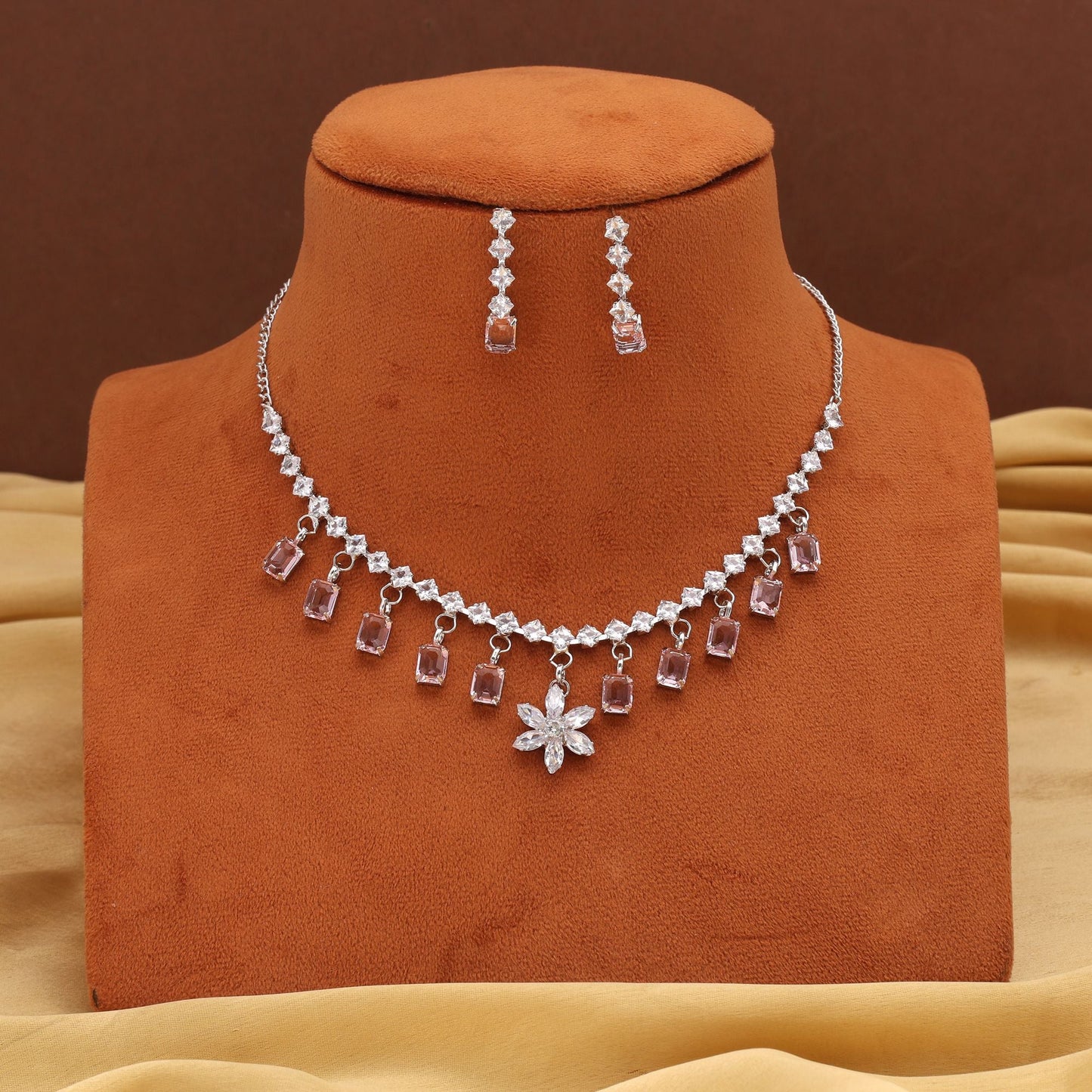 Bright Pink Color Stone Necklace Set With Polished Finish For Women