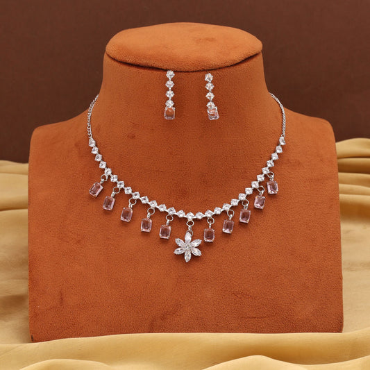 Bright Pink Color Stone Necklace Set With Polished Finish For Women