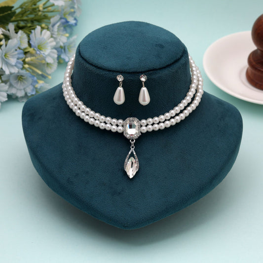 White Color Stone Necklace Set Designed with Graceful Detailing and Trendy Traditional Accessories Look