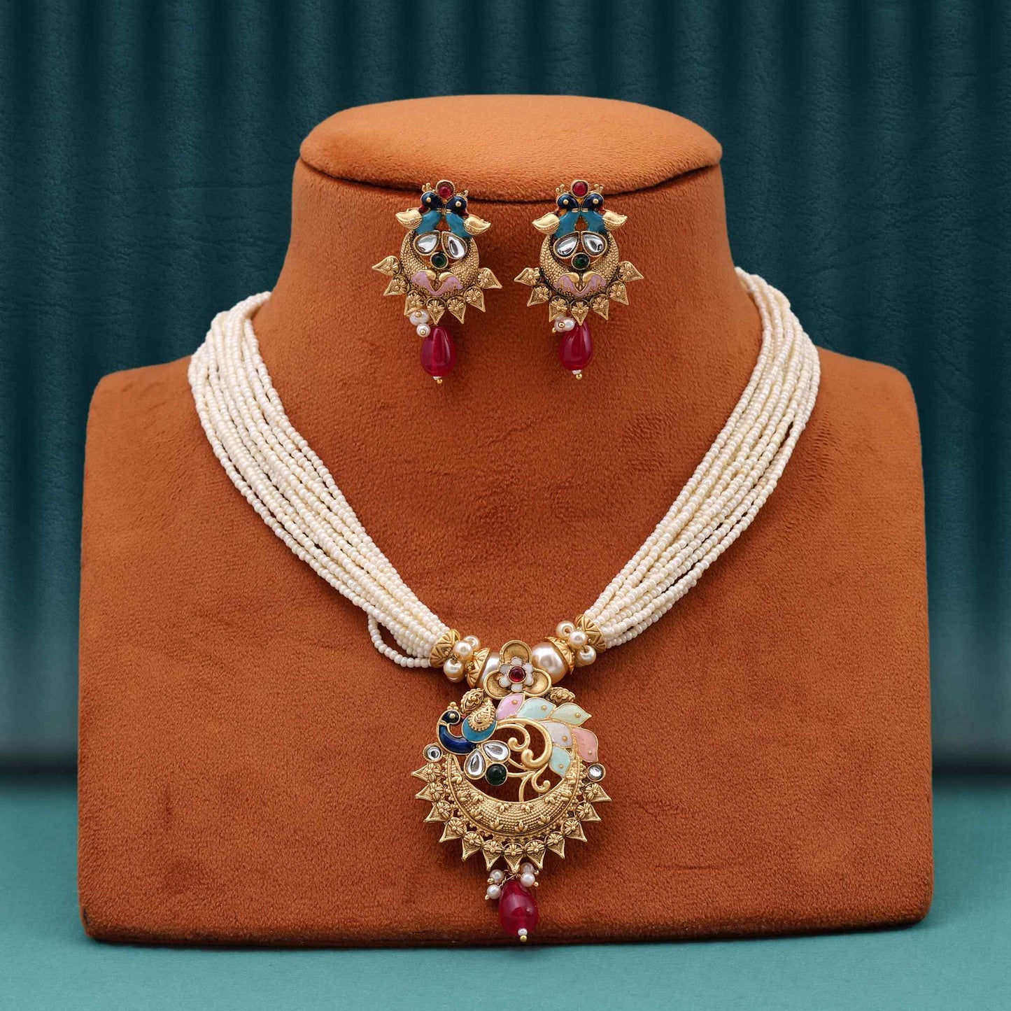 Elegant Multi Color Meena Work Designer Matte Gold Necklace Set For Weddings